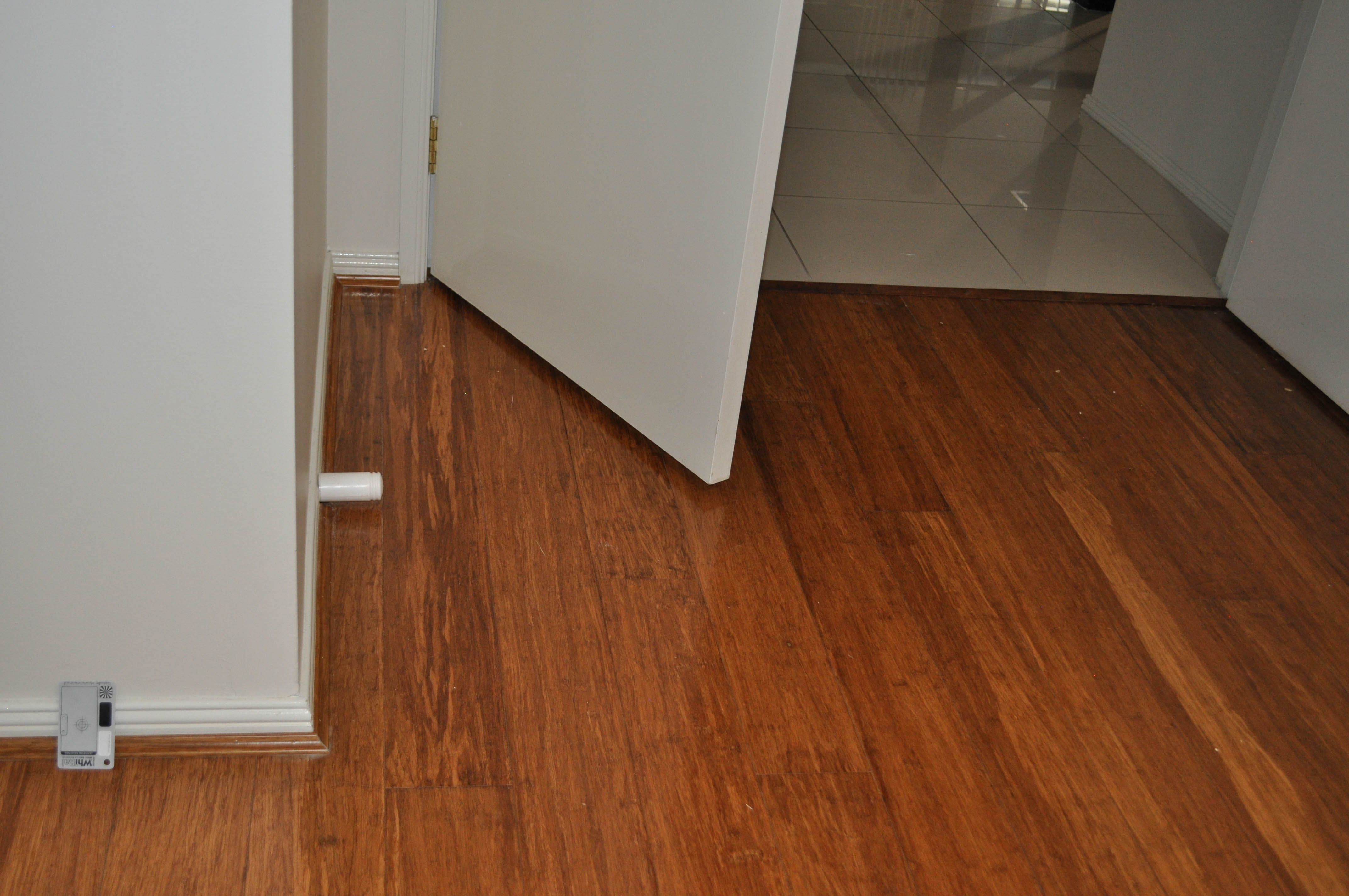 bamboo flooring installed in a room where the room is empty with the door open.