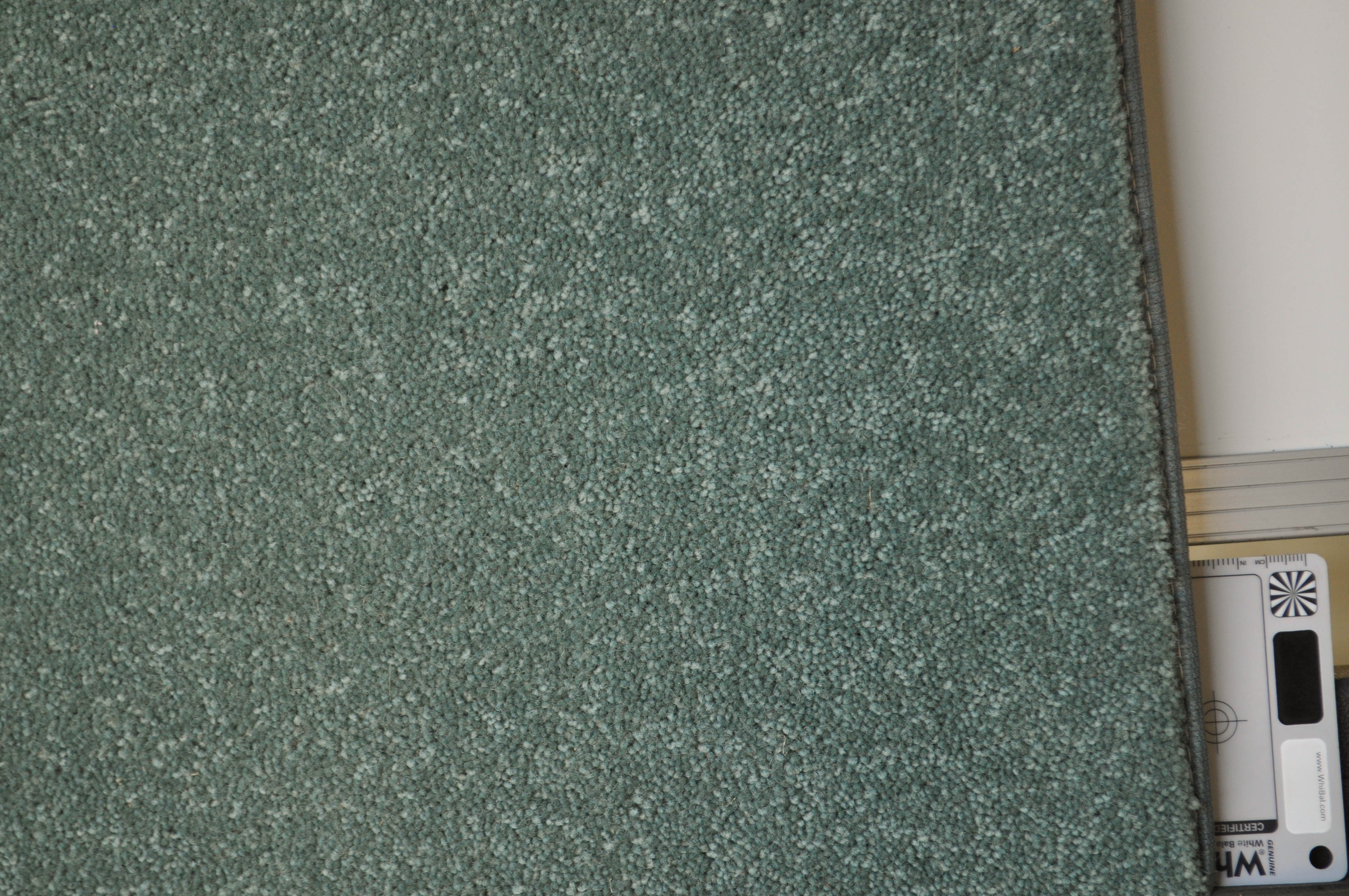 showing a sample of carpet, it being of a dark green color, 80%-20% wool-nylon yarn, twist pile carpet on sale at Concord Floors.