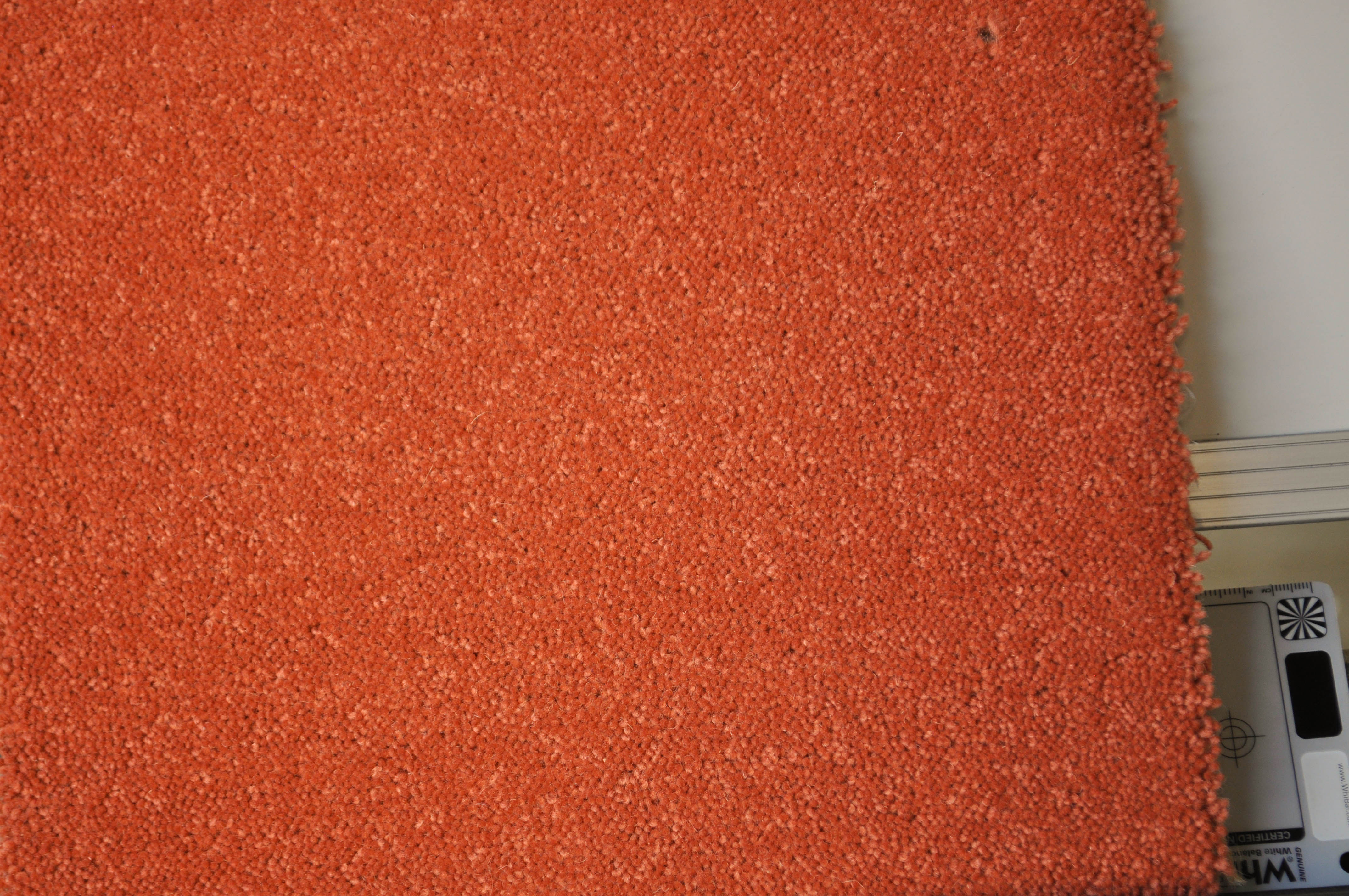 showing a sample of carpet, it being of a  orange color, twist pile, 80%wool-20 nylon yarn carpet on sale at Concord Floors.