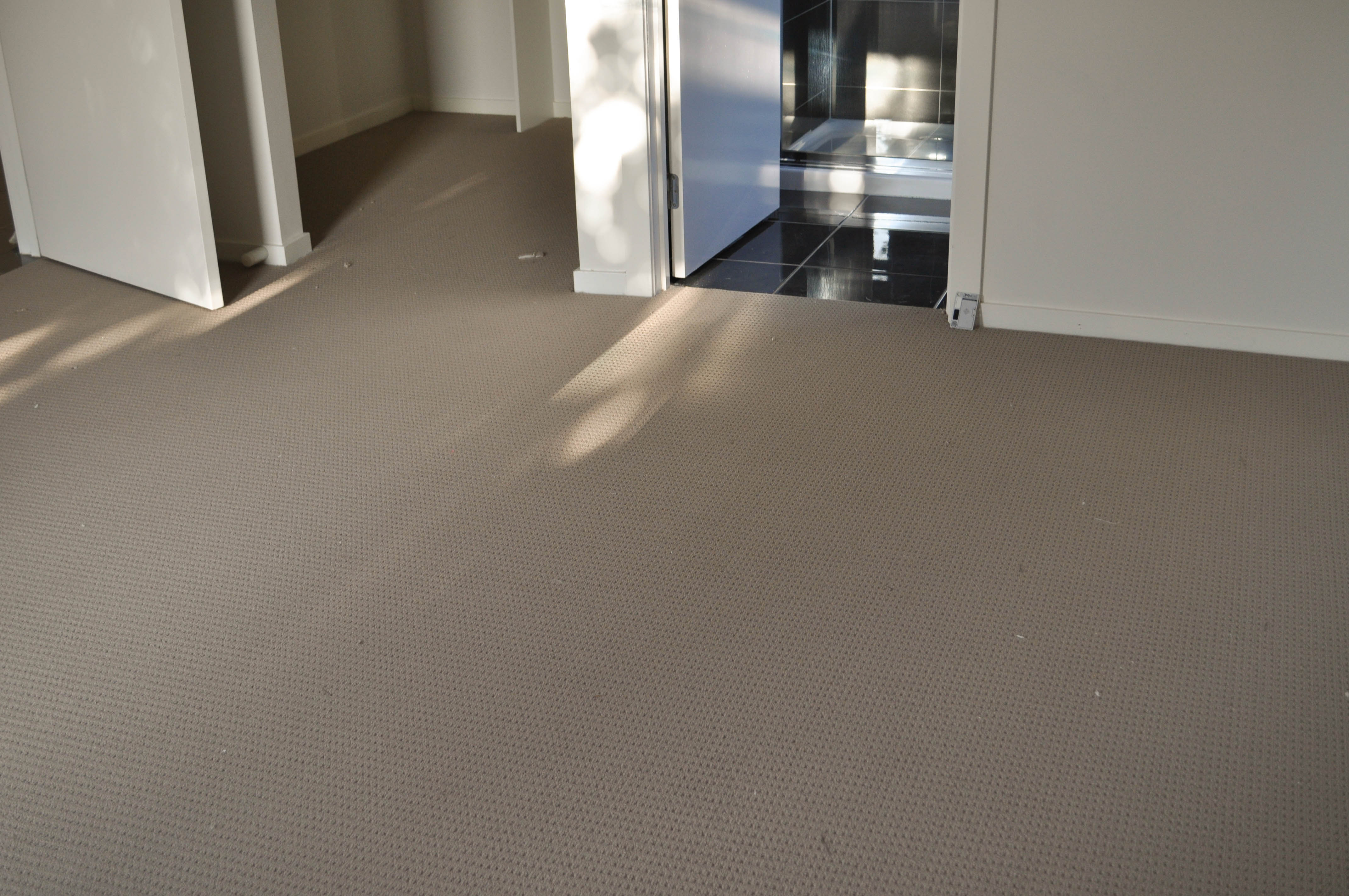 showing a room with it's floor carpeted by a cream colored, modulated nylon yarn loop pile, carpet.