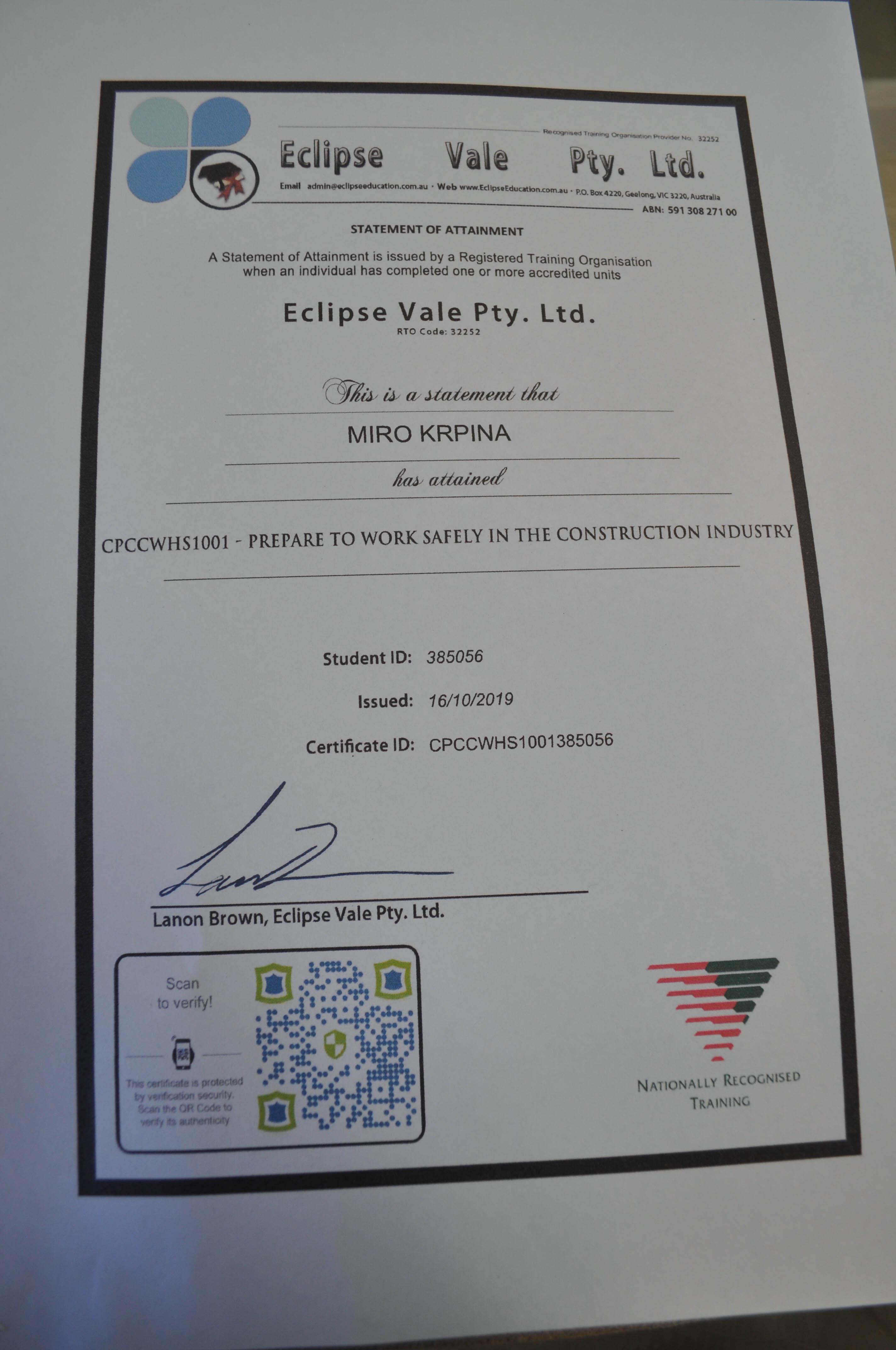 the government white card certificate of accreditation for safety whilst executing a construction job for a 
 Concord Floors employee.