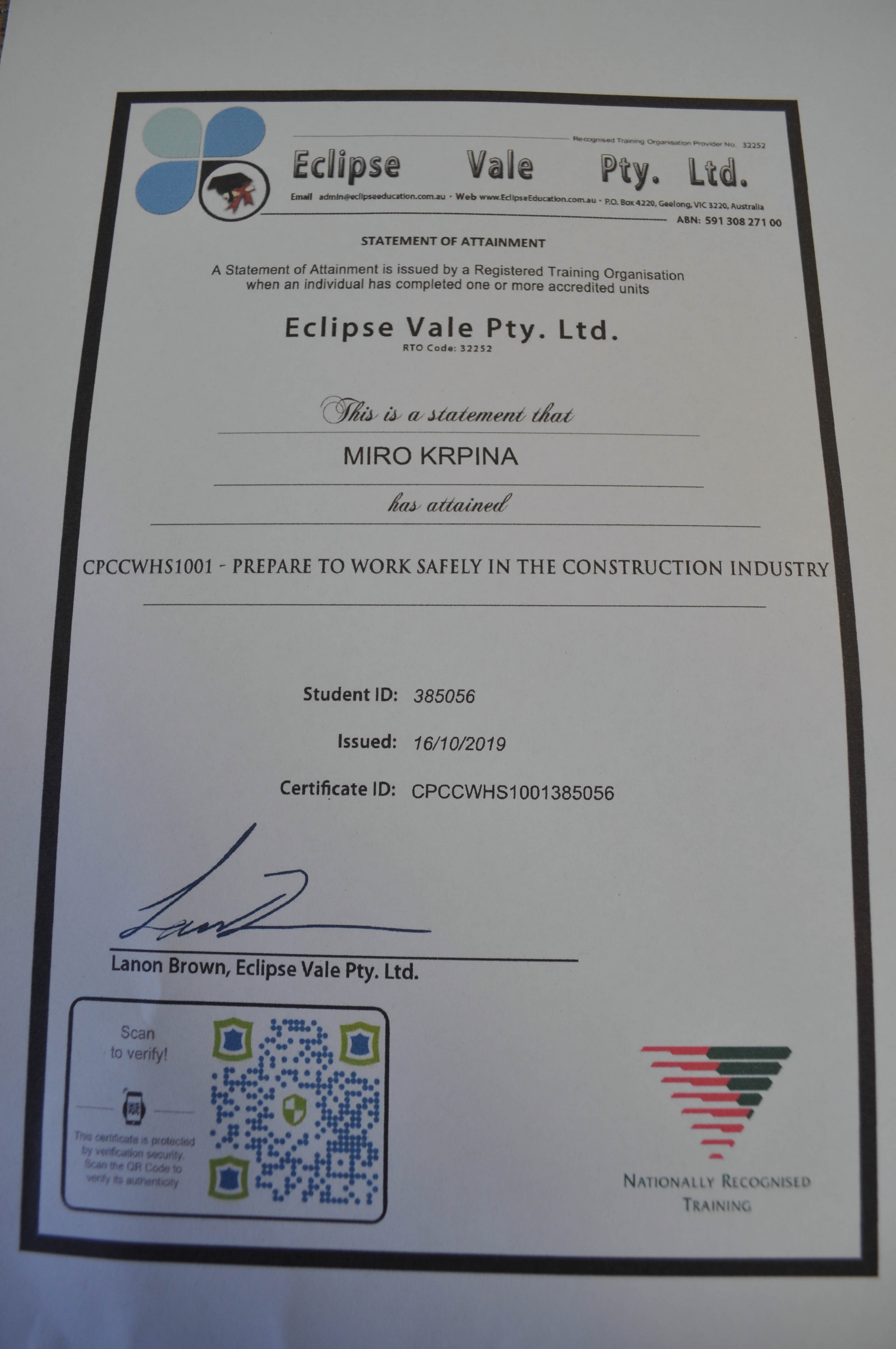 the government white card certificate of accreditation for safety whilst executing a construction job for a 
 Concord Floors employee.