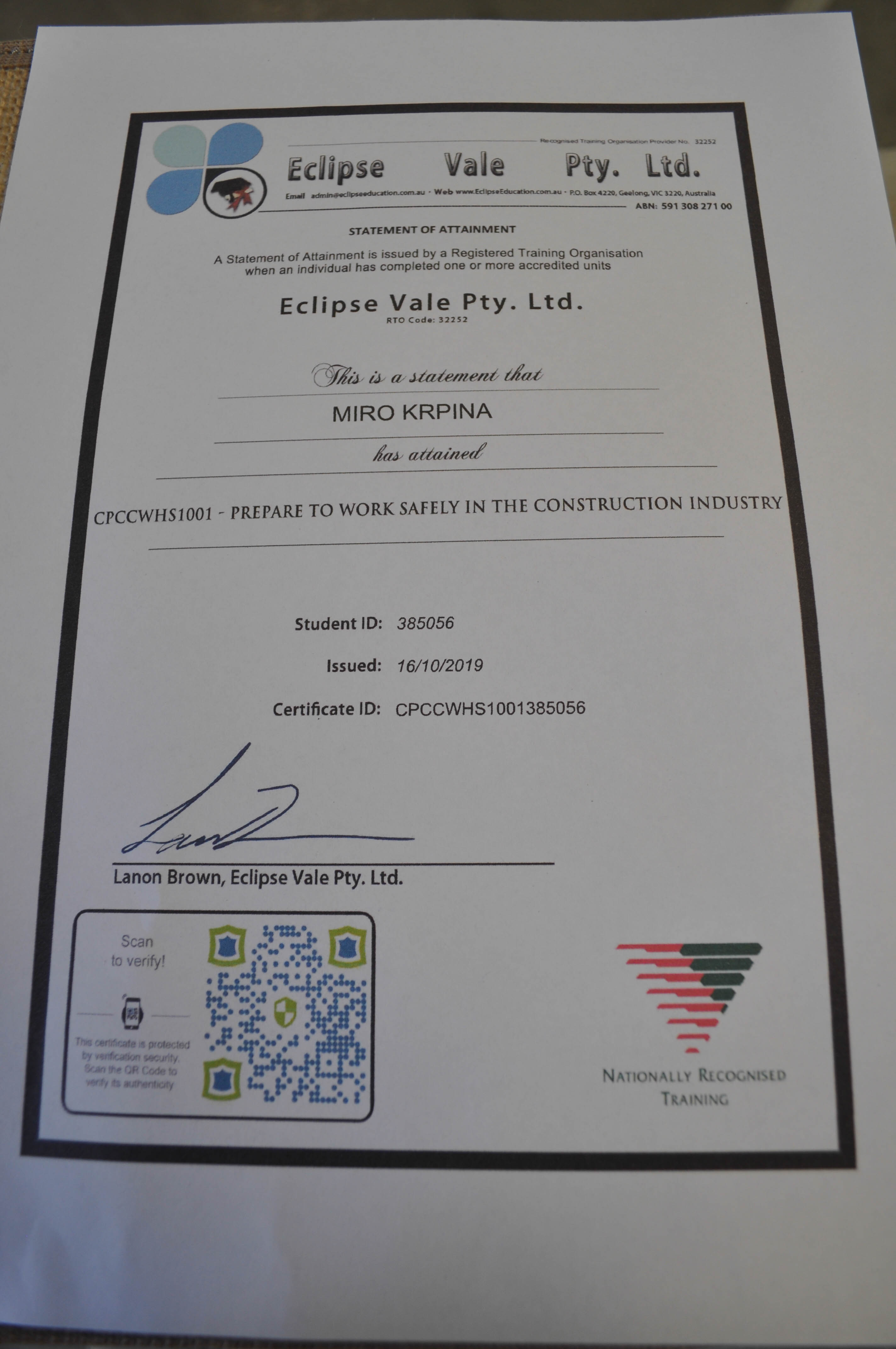 an issued certificate from a relevant body authorised by OHS, that a layer/installer employed by Concord Floors is authorised to do
 such work.