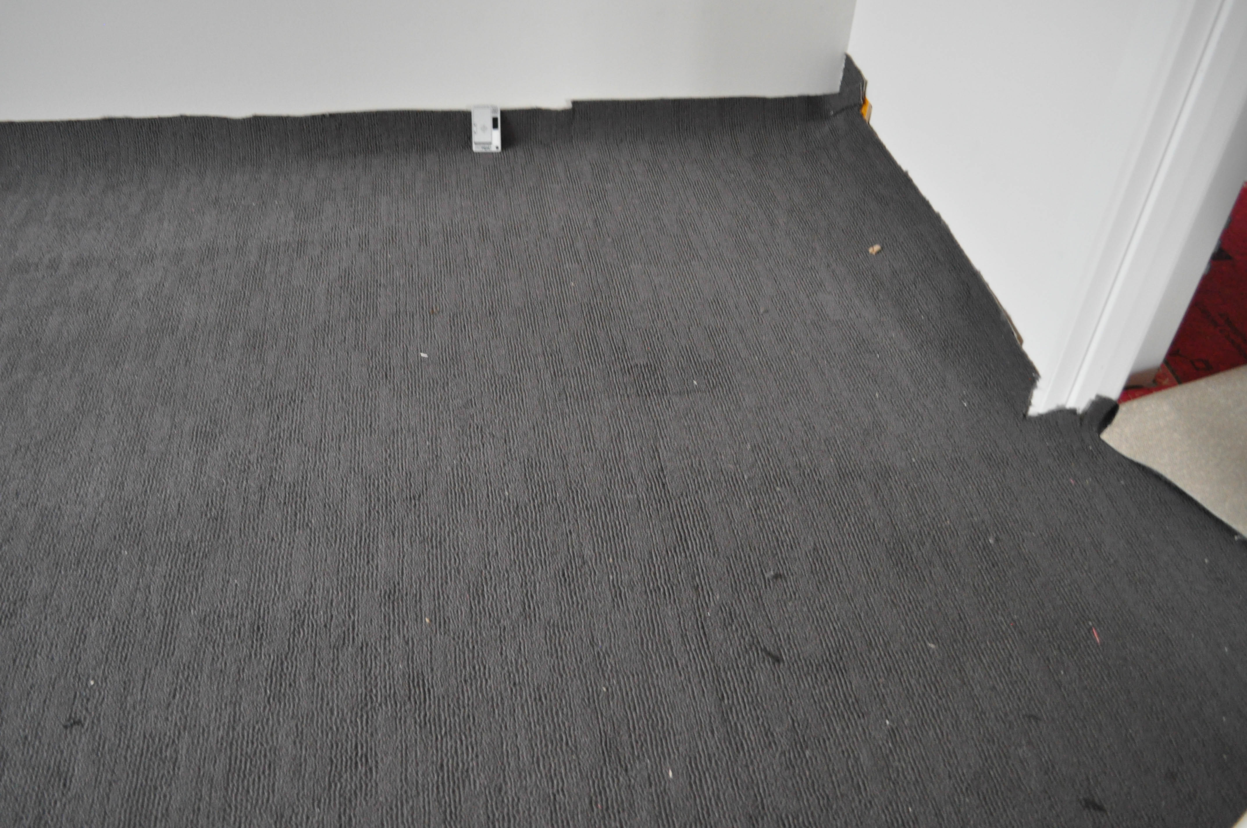 two bodies of carpet of charcoal color, where the carpet edges has been prepared for a join with the adhesive tape underneath the carpet edge 
	and actually joined.