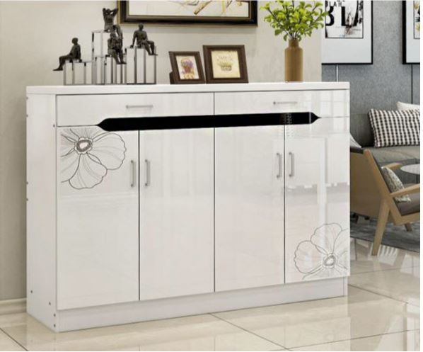 the picture shows a white cabinet freely standing made from laminate floor board.