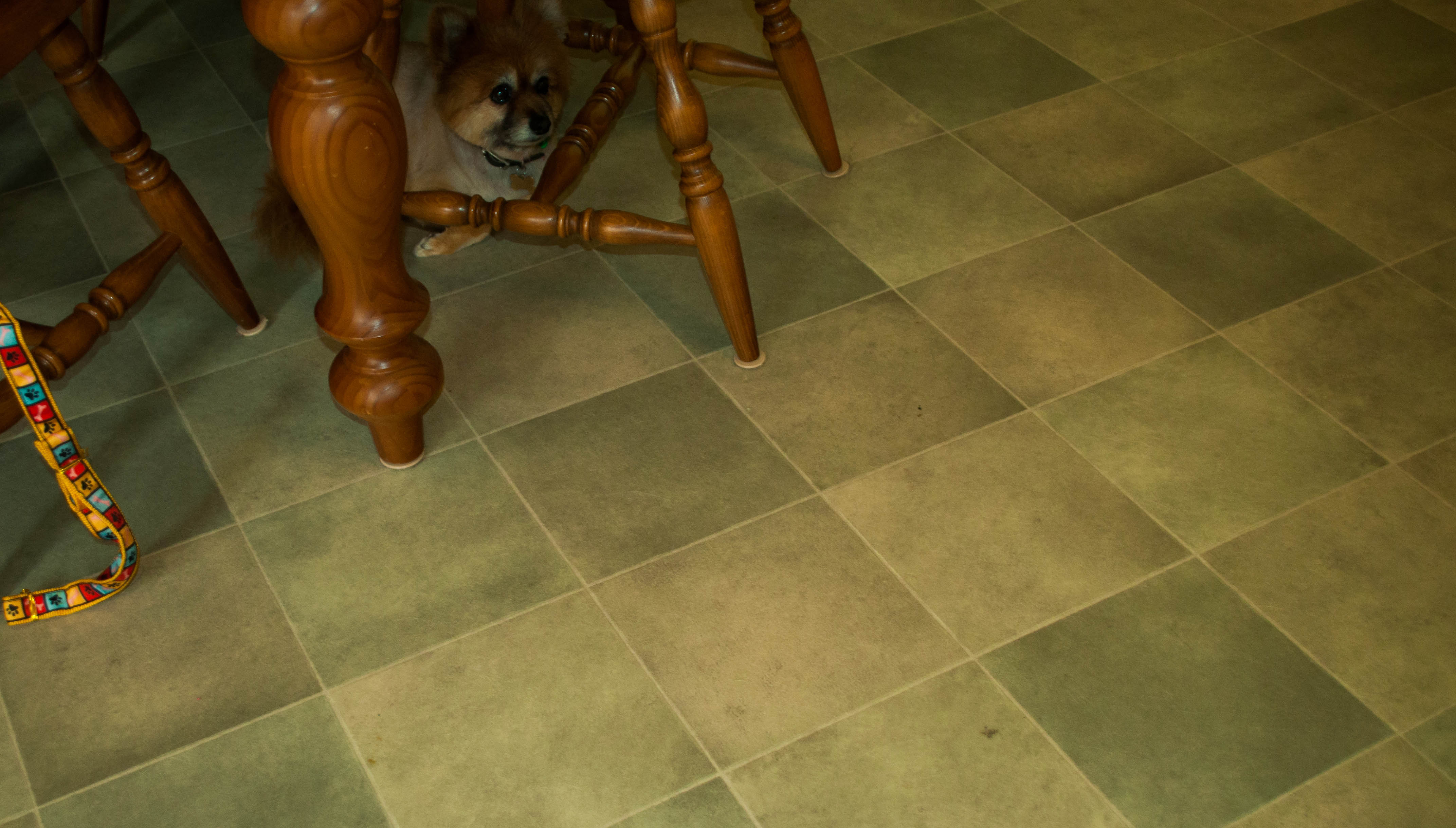 showing a kitchen floor with installed vinyl flooring that has a green and beige tile pattern on its surface.