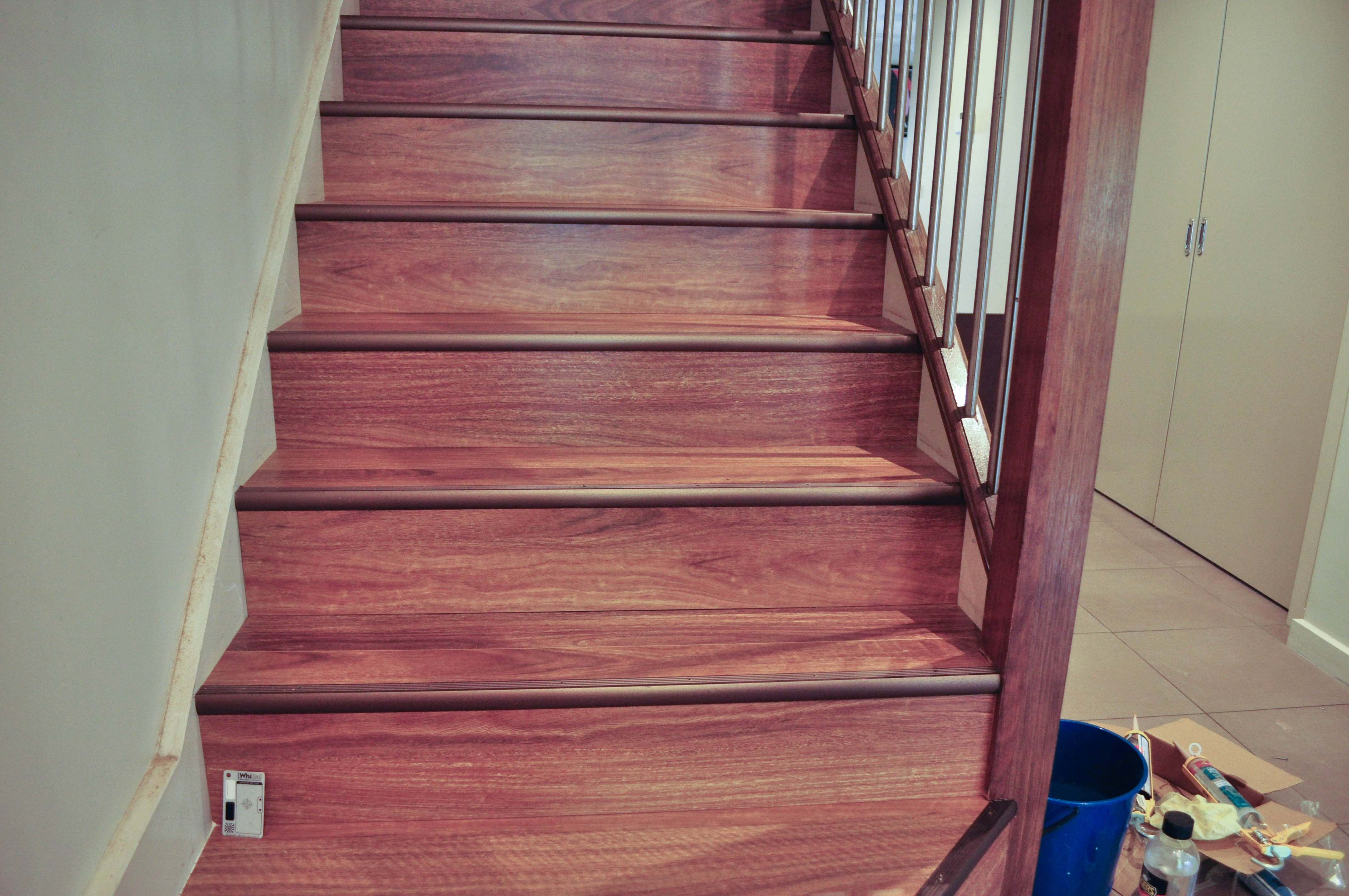 The laminate installation on a staircase done by Concord Floors. Showing 7 steps of the staircase.