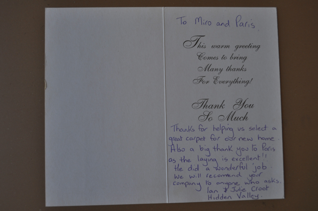card sent to the manager of concord Floors expressing gratitude for the interior decor advice rendered.