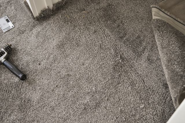 showing 2 bodies of carpet positioned  next to each other in a doorway between 2 rooms that have been joined and bonded together
 with  an iron. The rows of pile where the two carpets connect are intack and unsavaged and have produced a top join. The carpet area that has been joined has been rolled with the roller 
 that is in the picture.