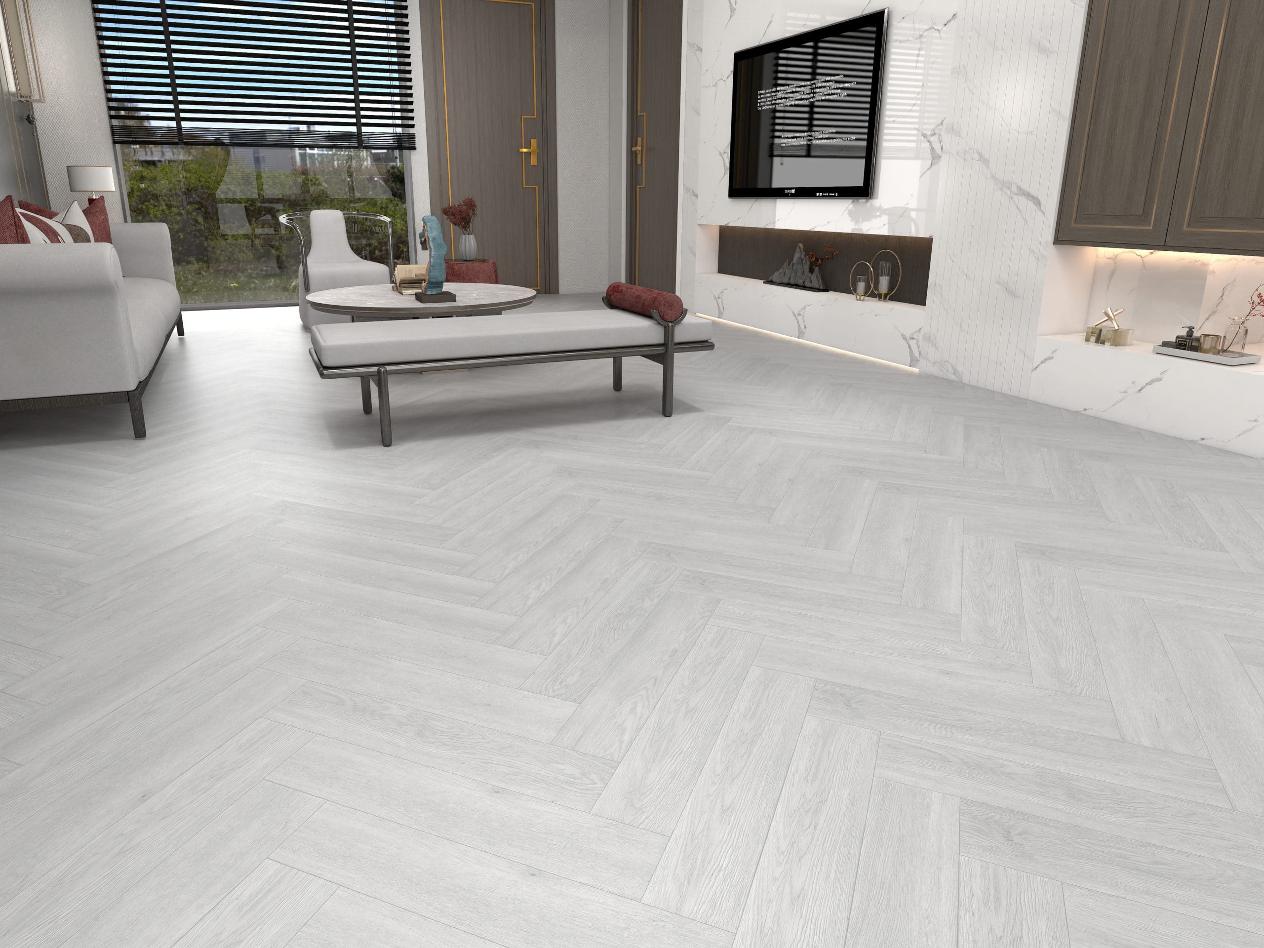 showing a room with the floor covered by hybrid vinyl plank flooring that is grey herringbone2